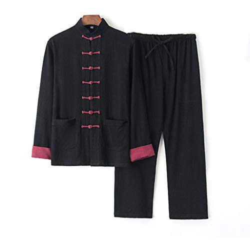 ZHOUXIAO Baumwollleinen Tai Chi Uniform Tang Anzug Männer Hanfu Chinesische Traditionelle Kung Fu Uniform Meditation Kleidung Kampfkunst Anzug Morgen Übungen Kleidung Kleidun Black-XL