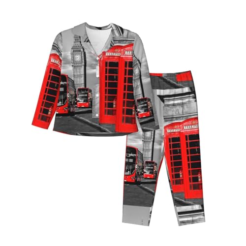 WURTON Klassischer Langarm-Pyjama für Damen, Motiv: England, London, Telefondruck, Knopf-Set, Loungewear, Nachtwäsche, warmer Schlafanzug, Schwarz, XL