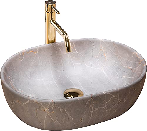 Rea Waschbecken Waschtisch Aufsatzwaschbecken Keramik Handwaschbecken Aufsatz Waschschale Oval Stein 48x35 Grau Badezimmer Armatur Wasserhahn Bad Armaturen Nano-Beschichtung