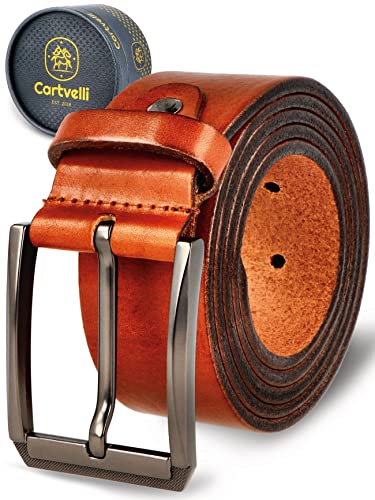 Cartvelli Premium Ledergürtel Herren Braun Cognac 85cm Made in Germany mit Geschenkbox Echt-Leder Herrengürtel Vollleder Jeansgürtel Leder Gürtel 38mm Anzug jeans chino pants LordM22b-85