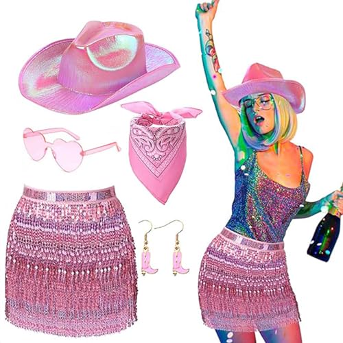 80er Jahre Damen Kostüm Set Lady Accessoires Bandana Ohrring Sonnenbrille Western Cowgirl Hut Erwachsene Halloween Fasching Kostüm