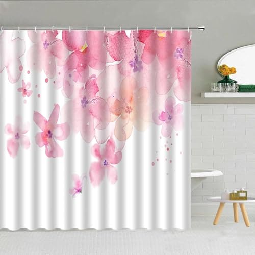 HOLEILUCK Blumen-Duschvorhang, rosa Badezimmer-Dekor, wasserdichter Stoff-Duschvorhang mit Haken, Duschvorhänge für Badezimmer, 3D-Duschvorhang, 130 x 183 cm/B x L