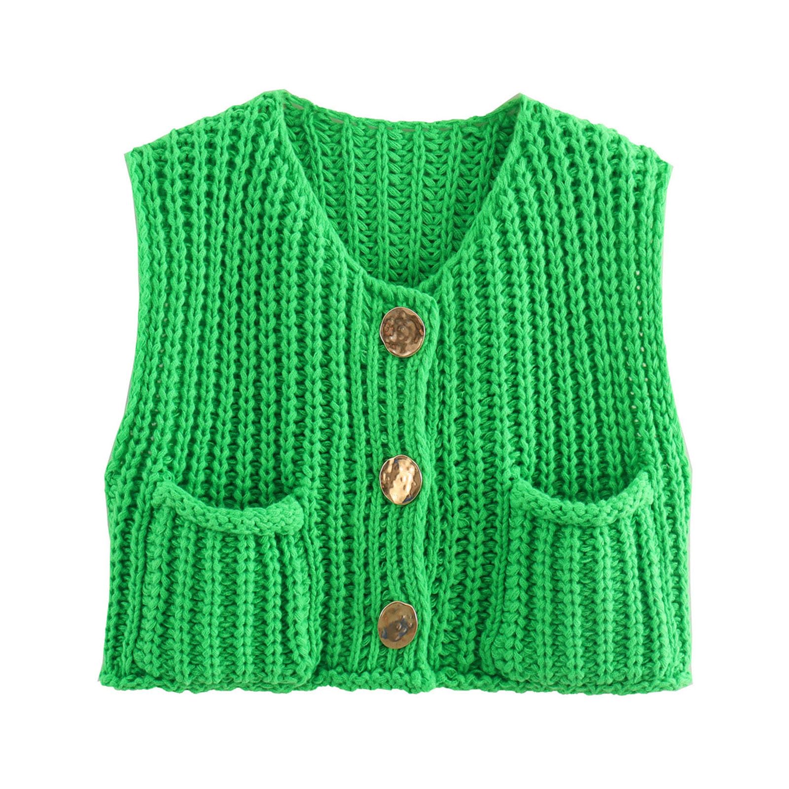 Sweater Vests Women 2024, Women's Button Front V Neck Sleeveless Crochet Solid Checkered Knit Sweater Vest with Pockets (Emerald Green,Medium)