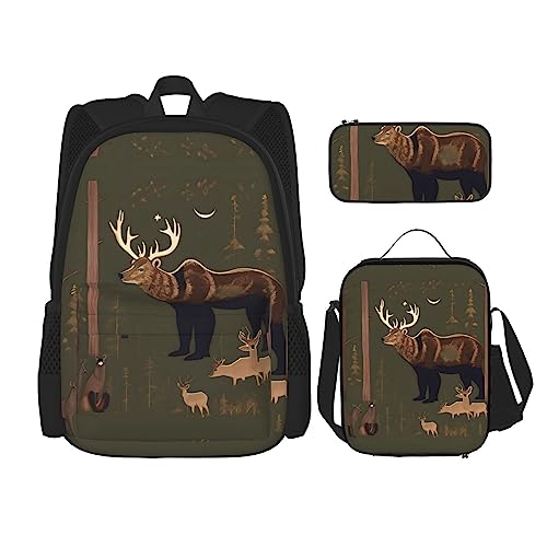 WURTON Lodge Bear Deer Print Lunchbox Federmäppchen Rucksack Set 3 Stück Verstellbare Träger Langlebig Leicht, Schwarz, One Size