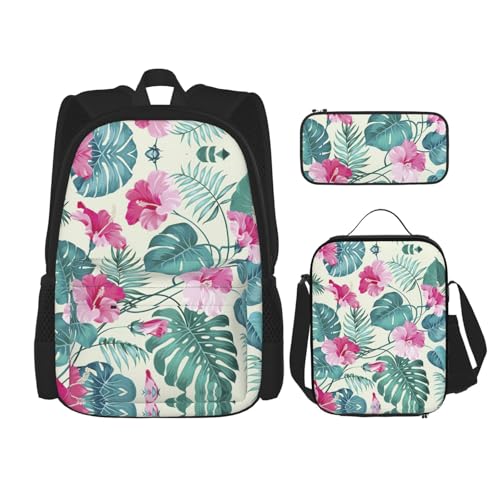 WURTON Schulrucksack-Set mit Palmenblatt-Druck, 3-in-1-Büchertaschen-Set mit Lunchbox, Federmäppchen, Reise-Laptop-Tagesrucksäcke