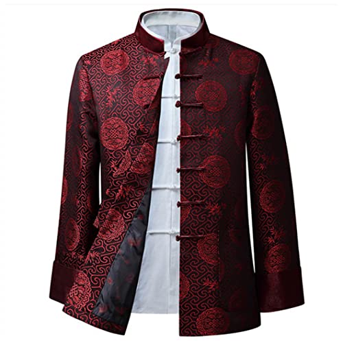 Tang Suit Chinesische Kung Fu Jacke Kleidung für Herren Traditionelle chinesische Kleidung Hanfu Mantel Tai Chi Uniform Kampfsport Uniformen Langarm Mantel Tops Shirt, rot, 4XL/5XL