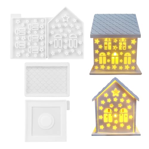 Qbkohphifm 4 Stück/Set 3D-Haus-Silikonform für Harz, Beton, Sternhaus, Kerzenhalter, Hausform, Dekoration, Ornamente