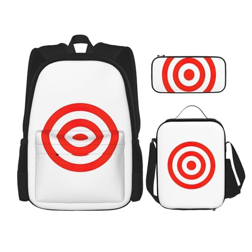 WURTON Design Target Print 3 in 1 Sets Casual Verstellbarer Schulterrucksack Mittagessen Tasche Federmäppchen Tasche Box, Schwarz, Einheitsgröße