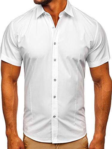 BOLF Herren Kurzarm Hemd Elegant Figurbetont Slim Fit 7501 Weiß XL [2B2]