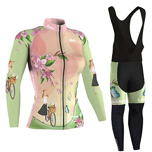 Radtrikot Damen Langarm|Fahrradbekleidung Frauen|MTB Radsportanzug,Fahrradtrikot Cycling Oberteil und Trägerhose mit 9D Gel Sitzpolster,Rennrad Bekleidung Jersey Atmungsaktiv Schnell Trocknen(1,2XL)