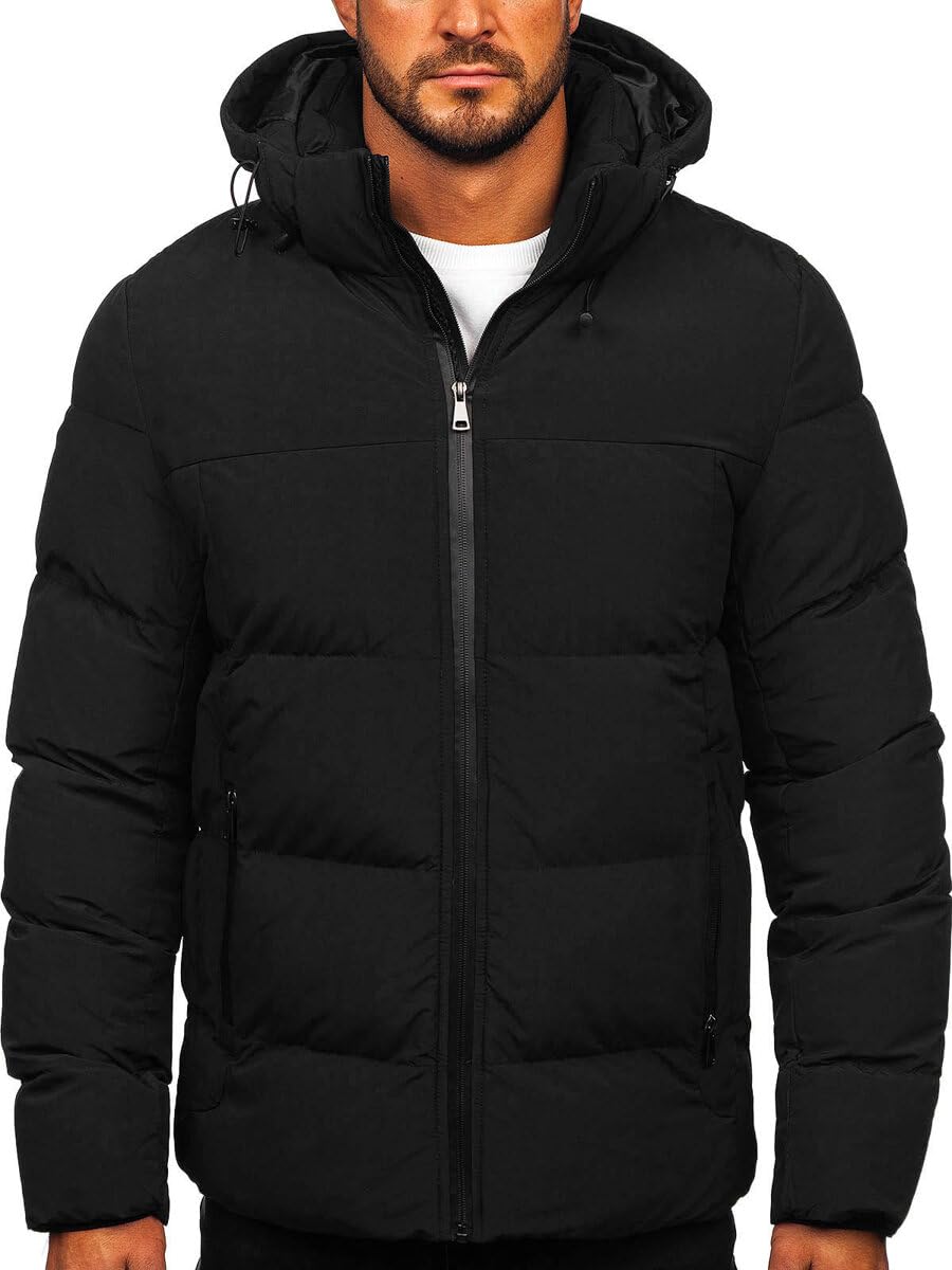 BOLF Herren Winterjacke Steppjacke Gefüttert Übergangsjacke mit Kapuze Daunenjacken-Optik Puffer Wärm Winter Freizeit Outdoor Casual Style 9978 Schwarz L [4D4]