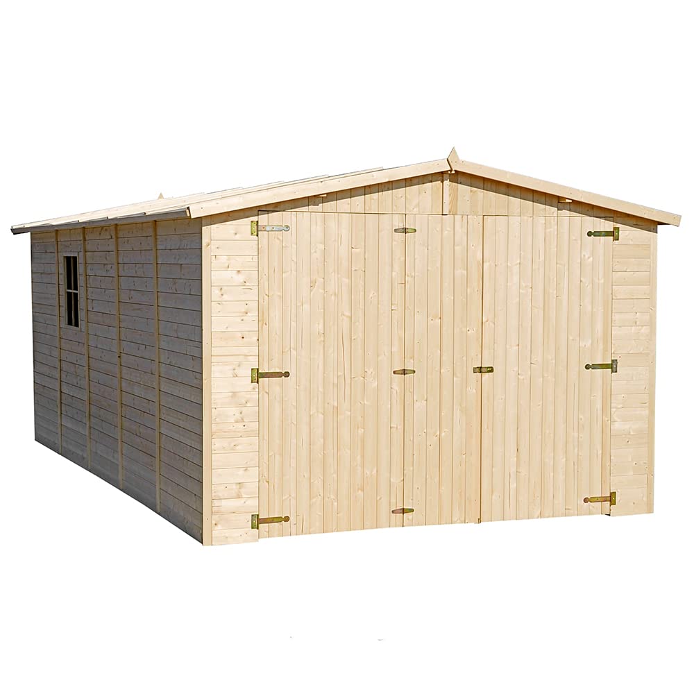 TIMBELA M101 Holzgarage - Abstellraum mit Fenstern - H222x516x324 cm/15 m² Shiplap-Schuppen aus Naturholz - Gartenwerkstatt - Auto- und Geräteschuppen