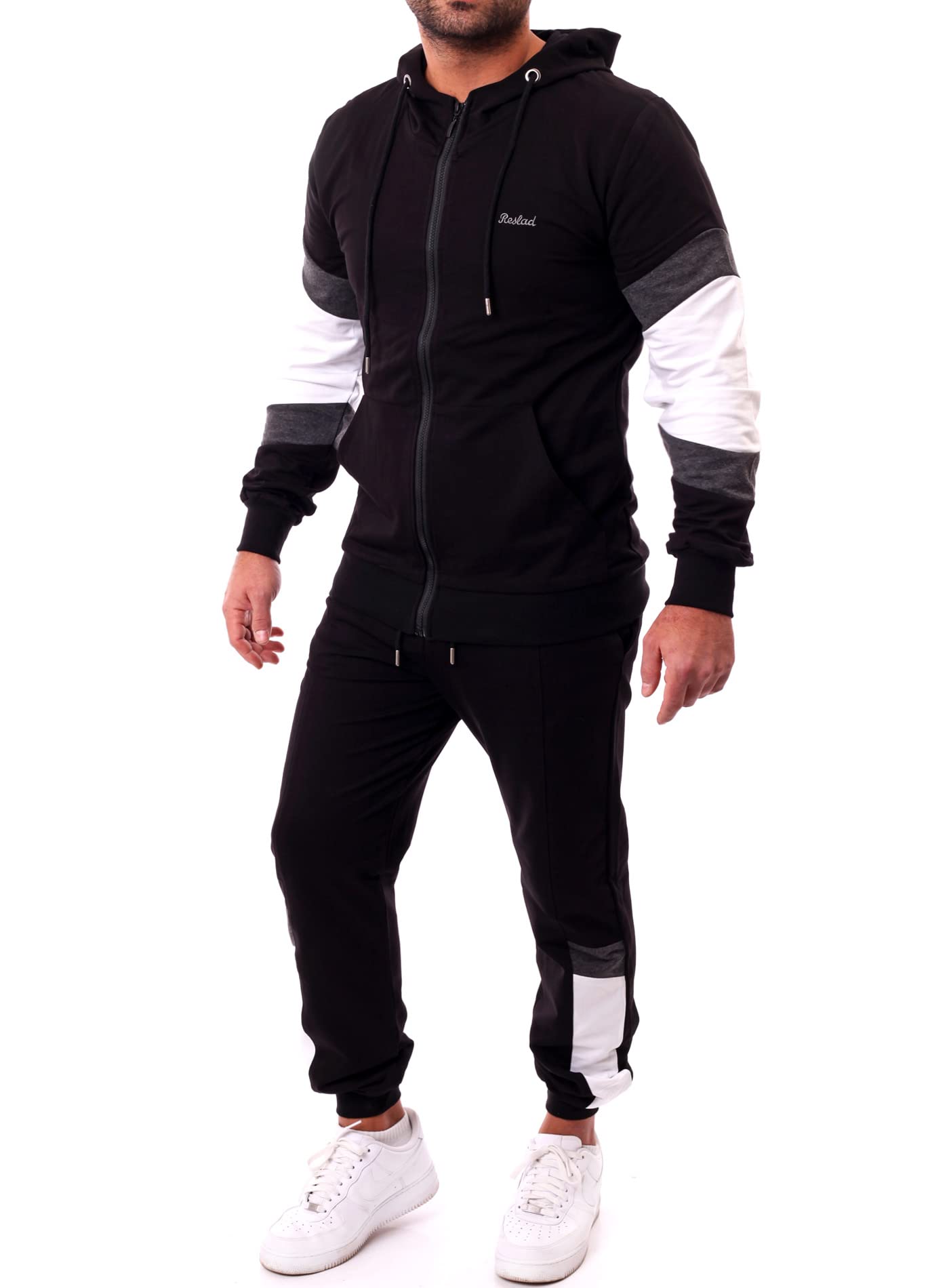 Reslad Trainingsanzug Herren Jogginganzug Männer Sportanzug | Freizeitanzug Jogginghose + Kapuzen Zip Sweatshirt Oberteil SET RS-5087 Schwarz-Weiß S