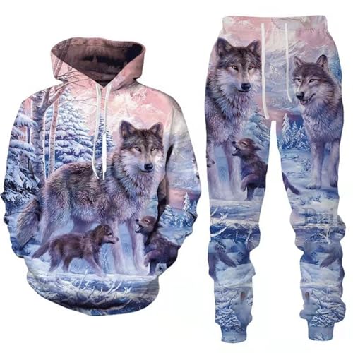 RIAAJ 3D wolf Jogginganzug Herren Jogging Sportanzug Fitness Sporthose Hose Hoodie Herren Trainingsanzug Zweiteiliges Set Freizeitanzug mit Löwen Tigermuster Sportsw (A15,4XL)