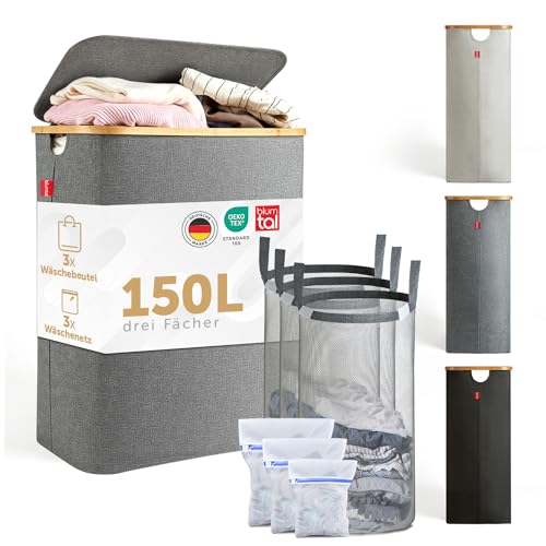 Blumtal® Wäschekorb 3 Fächer 150L - waschbarer und hygienischer Wäschesammler mit herausnehmbarem Wäschenetz - Wäschekorb mit Deckel & Bambusrand - Wäscheboxen - Laundry Baskets - Wäschekorb grau