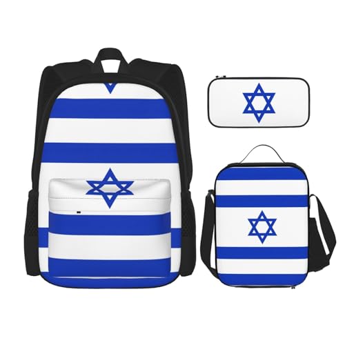 WURTON Rucksack mit israelischer Flagge, Schultasche, Teenager, Lunchbox und Federmäppchen, 3-in-1-Büchertaschen-Set