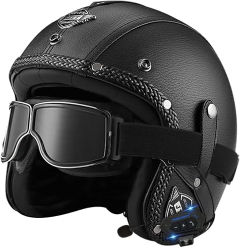 Offener Helm, Motorradhelm, Integrierter Bluetooth-Motorrad-Halbhelm, Retro-Vintage-Motor-Jet-Helm Mit Sonnenblende, Für Männer, Frauen, Erwachsene, DOT/ECE-Geprüft F,XXL63-64cm