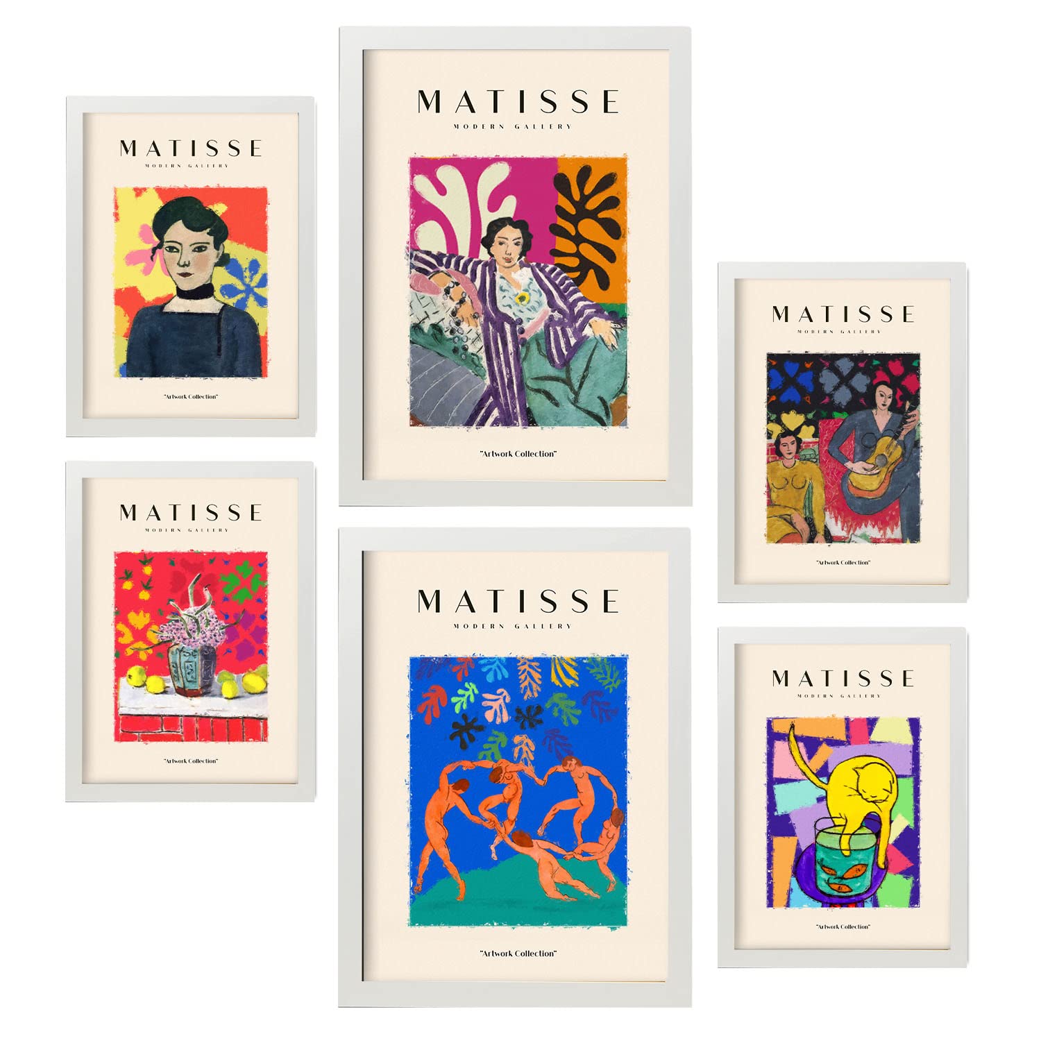 Nacnic Set mit 6 Henri Matisse Postern. Feier. Drucke des Fauvismus und der abstrakten Kunst für Innenarchitektur und Dekoration. A3 & A4 weiße Rahmen.