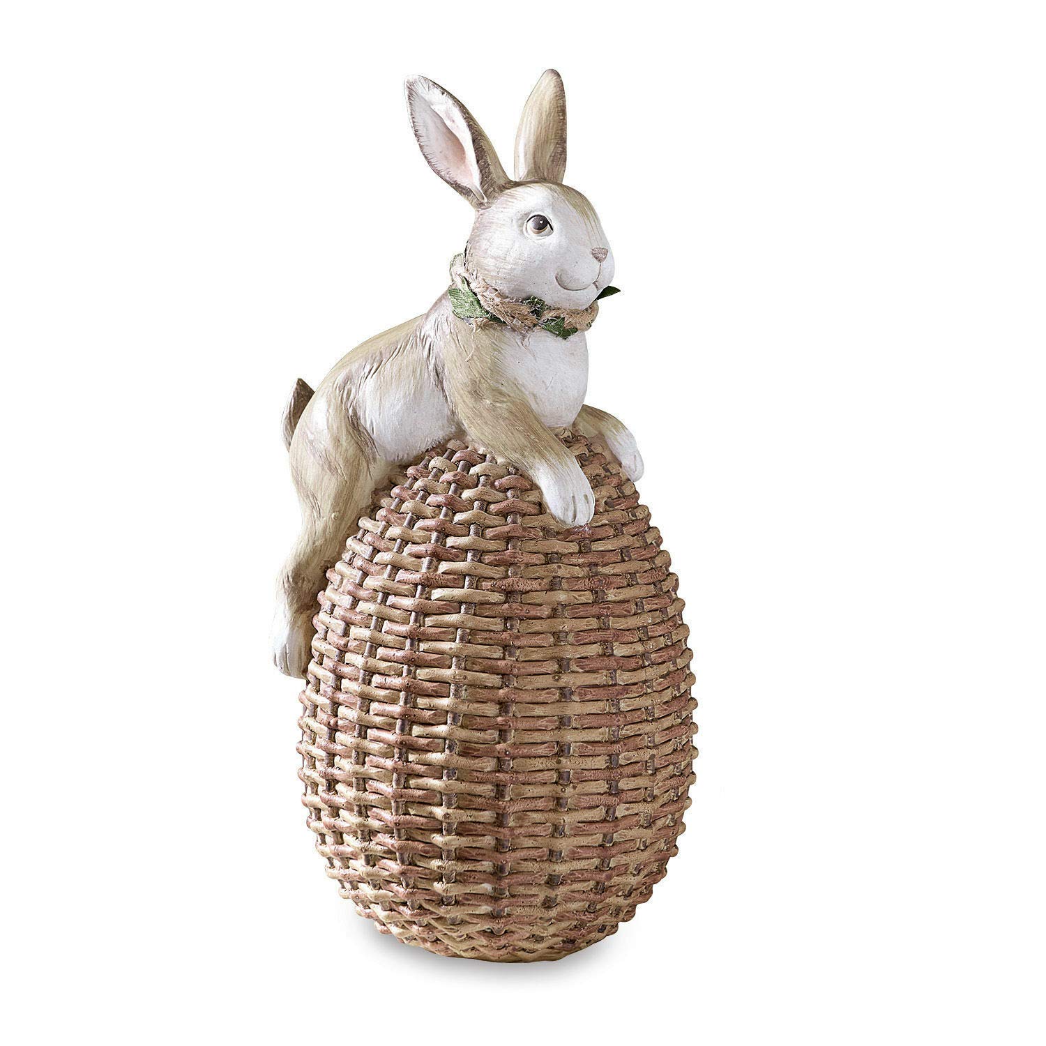 Loberon Hase Midas, nostalgisches Design, detailverliebt & handbemalt, Osterhase, Ei in natürlicher Korb-Optik, Osterfiguren, Ostern, Osterfiguren, Polyresin, braun