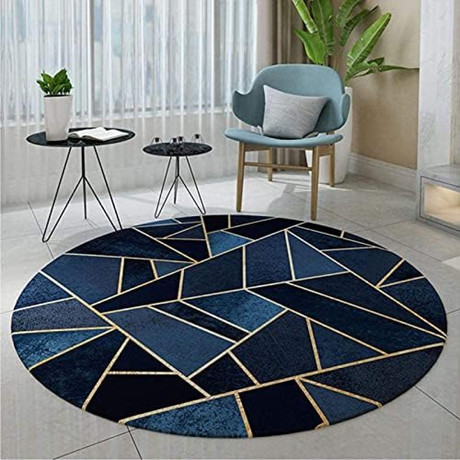 Geometrische blaue und Schwarze runde Teppiche für Wohnzimmer, Schlafzimmer, Küche, Teppich, 80 cm, 100 cm, 120 cm, 140 cm, 160 cm, 180 cm, 200 cm, bequeme Bodenmatte, Durchmesser 200 cm