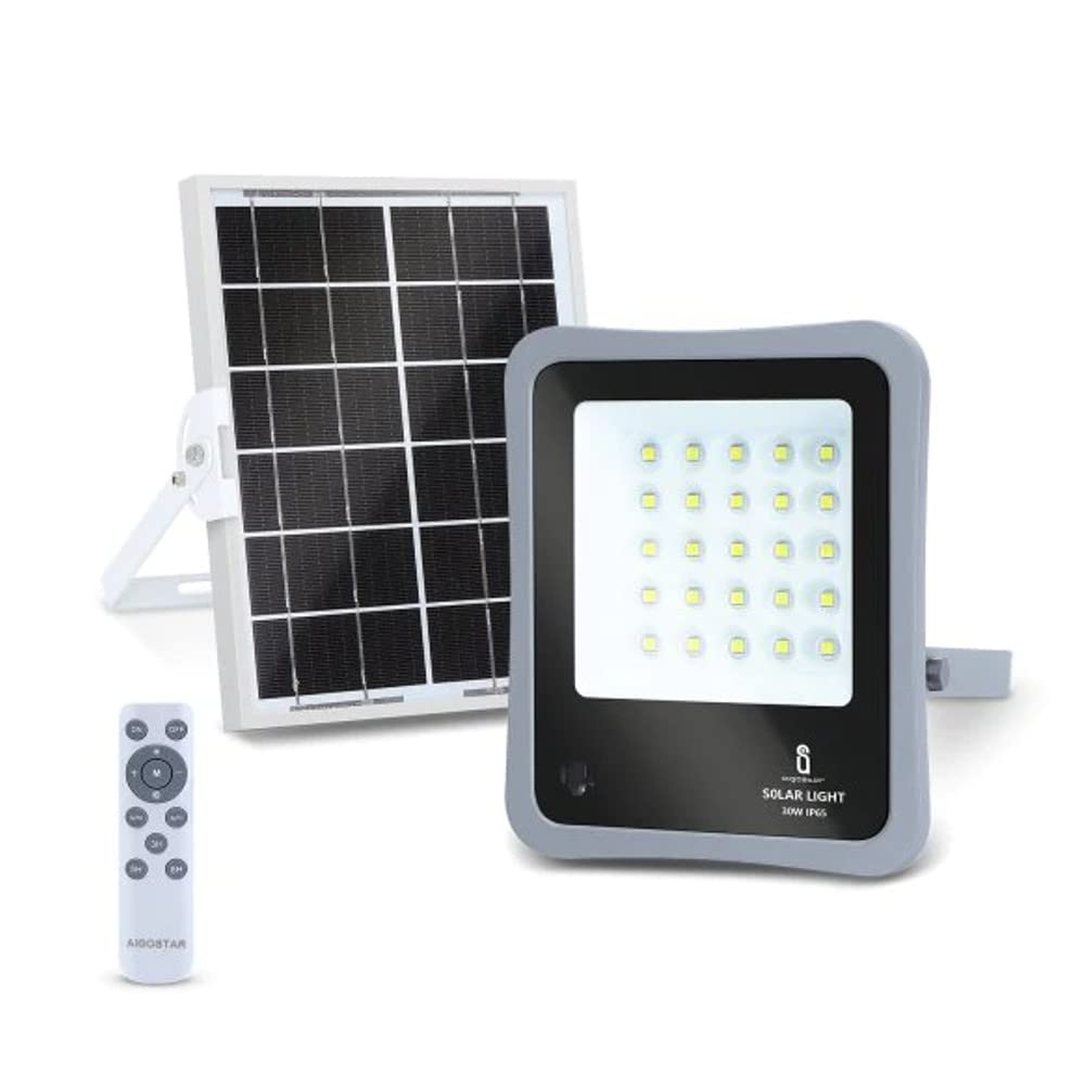 Aigostar Solar Strahler Außen 30W superhell LED Flutlichter mit Solarpanel Kaltweiß 6500K IP65 Wasserdicht Scheinwerfer Flutlichtstrahler Außenstrahler für Garten Garage Sportplatz Hof Patio