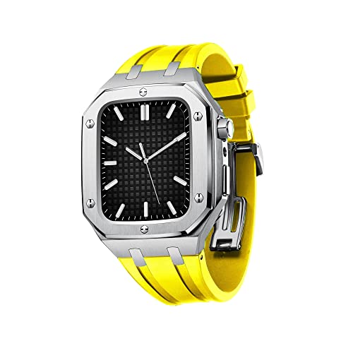 TONECY Uhrenarmband für Damen und Herren, Militär-Metallgehäuse für Apple Watch, 45 mm, 44 mm, mit Silikonband, stoßfester Stoßfänger für iWatch Serie 7/SE/6/5/4 (Farbe: Silbergelb, Größe