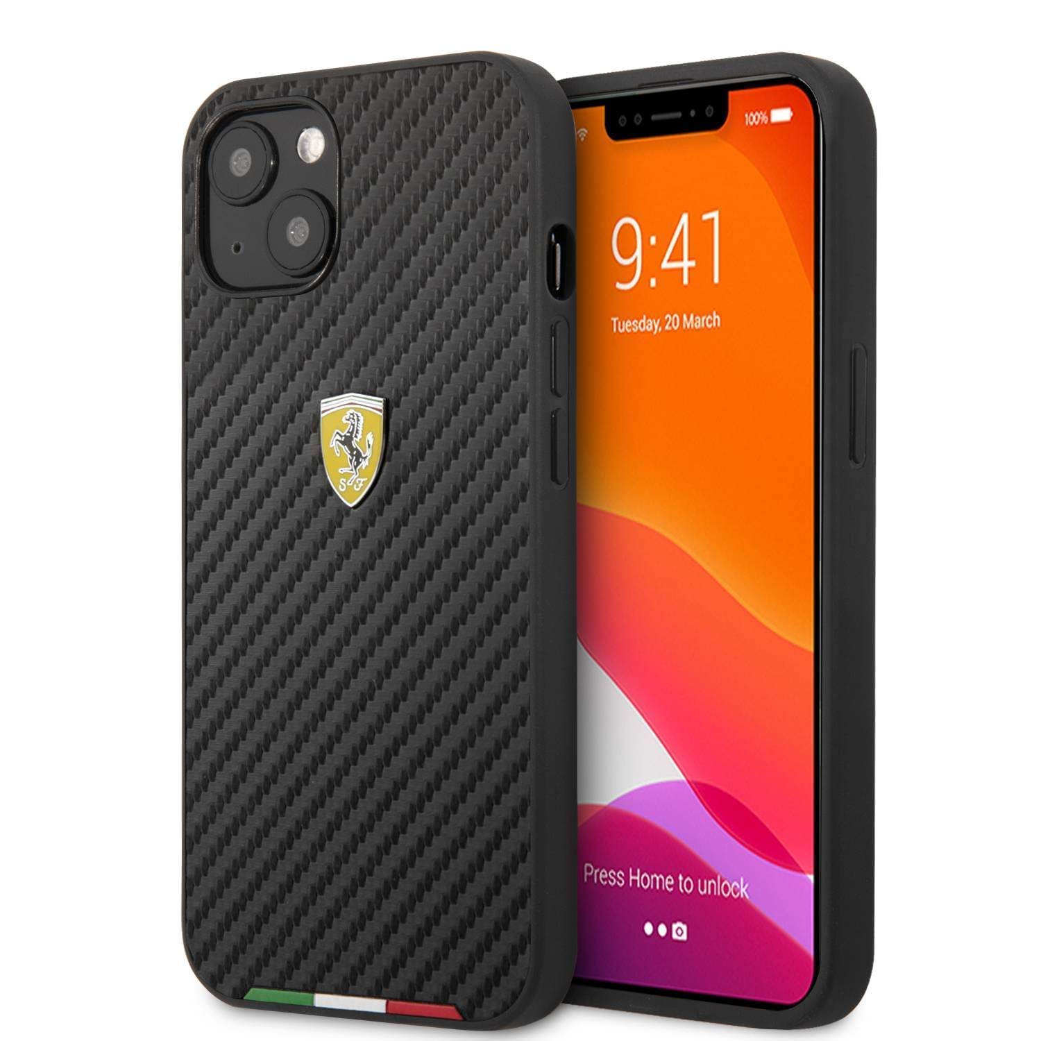 Ferrari Schutzhülle für Apple iPhone 13 Mini, PU-Leder, Carbonfaser-Optik, Schwarz