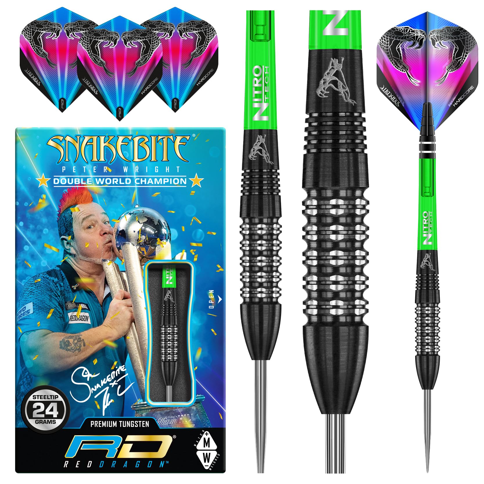 RED DRAGON Peter Wright Snakebite Black Strike 24g Tungsten Darts mit Flights und Schäfte