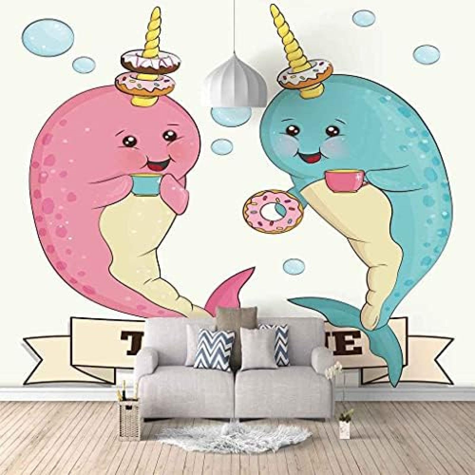 XLMING Rosa Cartoon Tier Delphin Küche Esszimmer Arbeitszimmer Wohnzimmer TV Hintergrund Wand 3D Tapete-200cm×140cm