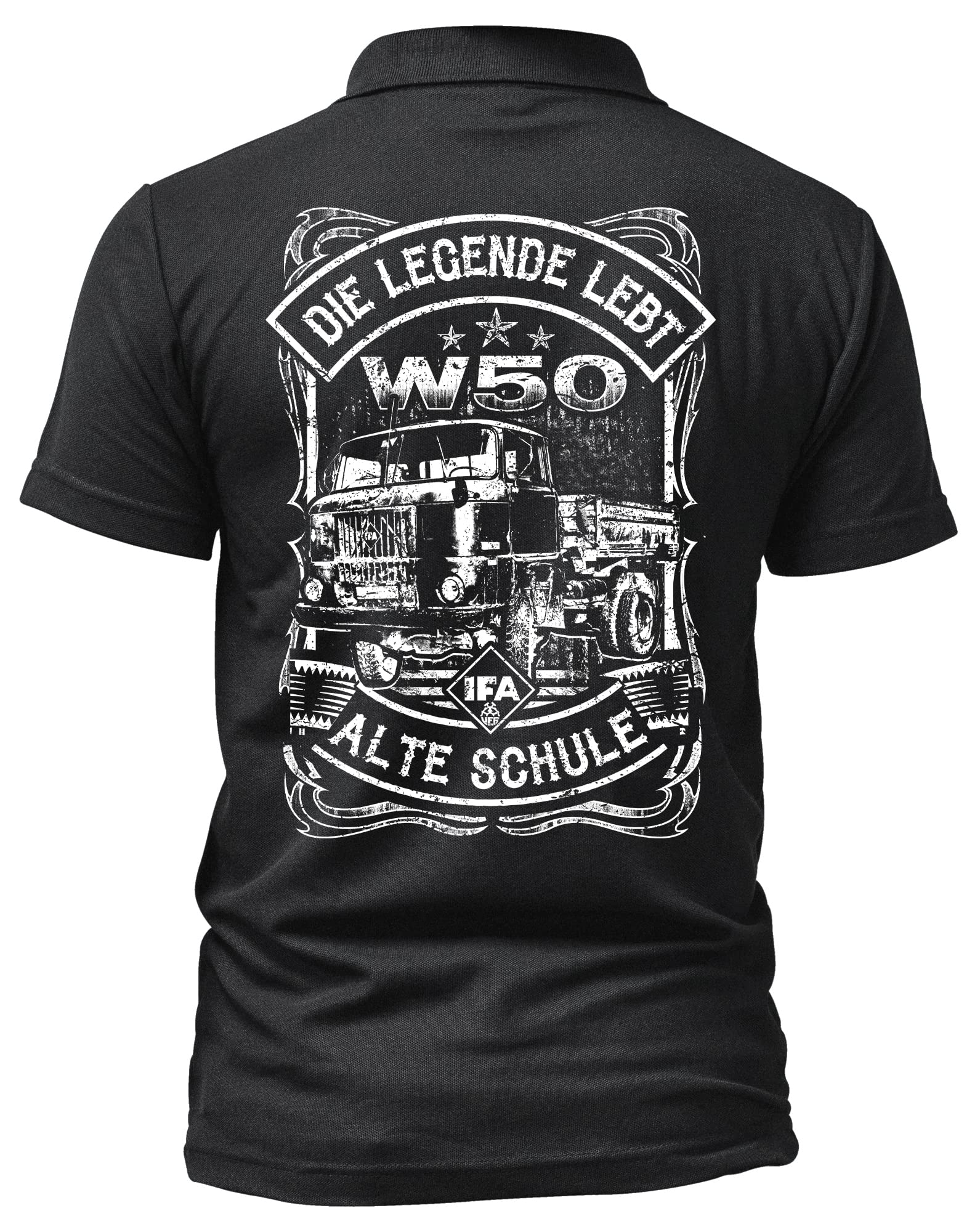 Alte Schule W50 Herren Poloshirt | DDR Shirt - Logo - Kurzarm - Nostalgie - Ossi - LKW Shirt - IFA Shirt | W50 Schwarz (M)