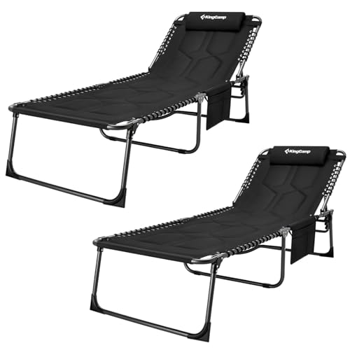 KingCamp übergroß Campingliege Sonnenliege Klappbar Dreibeinliege Liege mit Kopfkissen und Seitentasche bis 150 kg belastbar, gepolstert für Super Komfort, 5-Fach verstellbar, 200 x 68 cm (L x B)