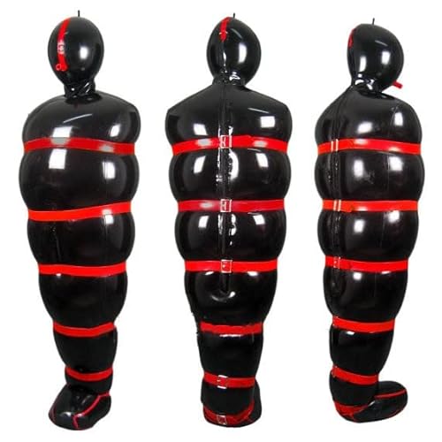 Sexy Ganzkörper-Catsuit aus schwarzem Latex, aufblasbarer Schlafsack mit roten Trägern und Reißverschluss