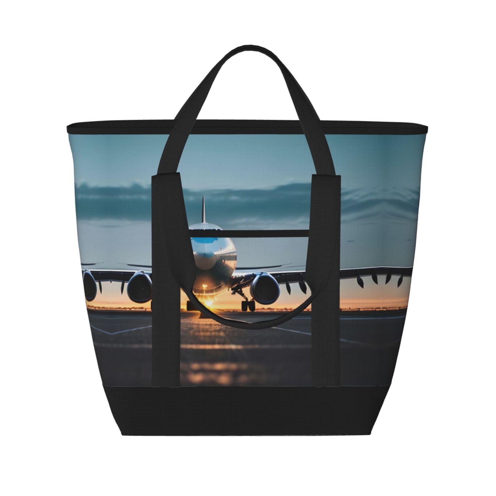 YQxwJL Isolierte Kühltasche mit Flugzeug am Abend, großes Fassungsvermögen, Einkaufstasche, Reisetasche, Strand, wiederverwendbare Einkaufstasche für Erwachsene, Schwarz, Einheitsgröße