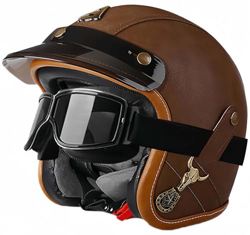 3/4 Vintage-Helm, Retro-Motorradhelm, Erwachsenenhelm, Halbhelm, ECE-Geprüfter Vintage-Helm Für Damen Und Herren, Mit Offener Schutzbrille, Moped-Helm B,M54-56CM