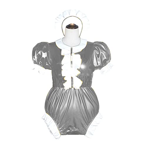 Damen-Body mit Wetlook, PVC, Rollkragen, Bodysuit, Leder, Puffärmel, Overall, Silber, 4XL