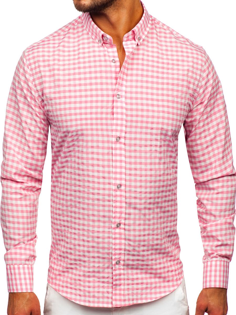 BOLF Herren Hemd Langarm Freizeithemd Kariert Langarmhemd Elegant Business Party Bügelleicht Farbwahl Classic Basic Slim Fit Casual Style 22747 Rosa XL [2B2]