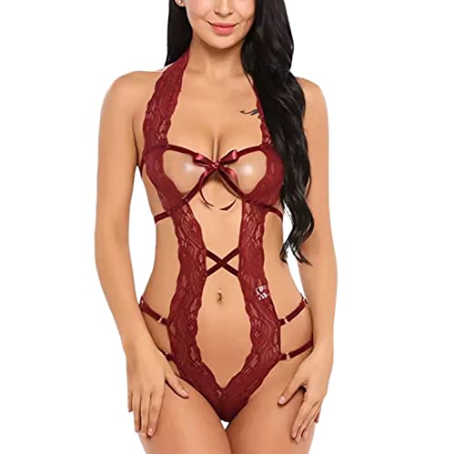 Dessous Damen Sexy Unterwäsche Lace Sexy Damen One Piece Open Hollow Dessous Burgund S