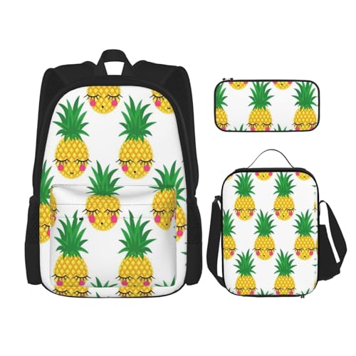 WURTON Pineapple1 bedruckter verstellbarer Schulterriemen, Rucksack-Set, Lunchtasche, Federmäppchen, Kombinationstaschen-Set