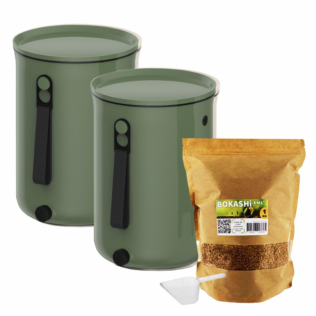 Moutta | 2er-Set Eimer Bokashi Organko 2 Olive (9,6L) | Organischer Komposter mit Verdichter + 1 kg EM-1 Fermentationsaktivator