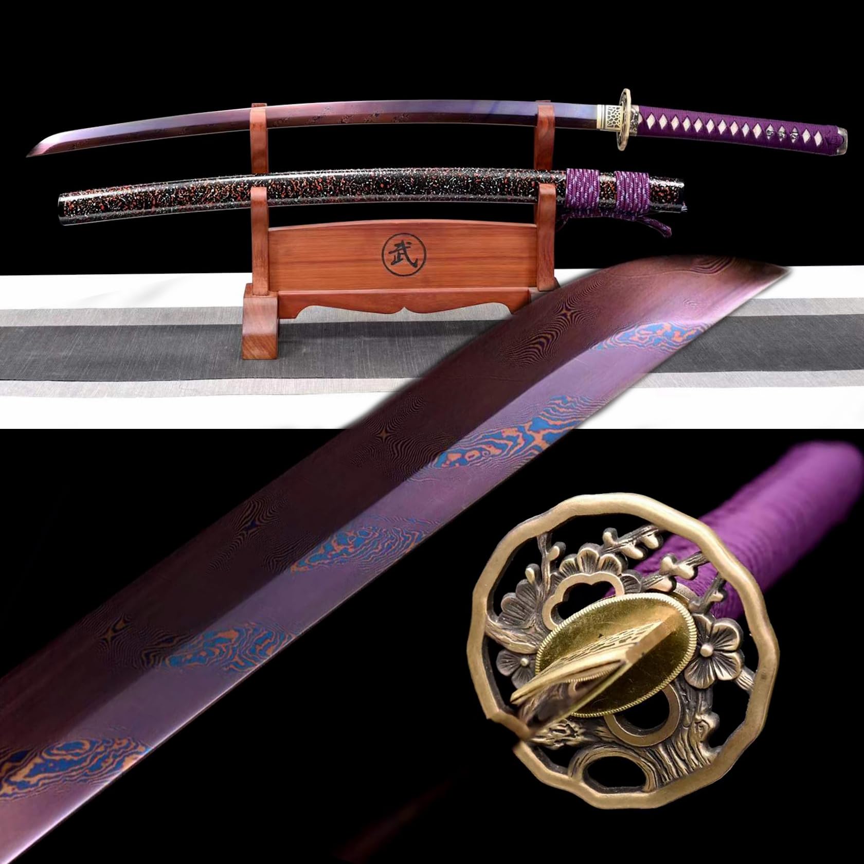 Samurai-Schwert mit Holzscheide,Musterstahl Klinge,handgefertigtes 103cm Katana zum Sammeln,Ausstellen,Maskerade,Cosplay,Geschenk,Selbstverteidigung,Kendo