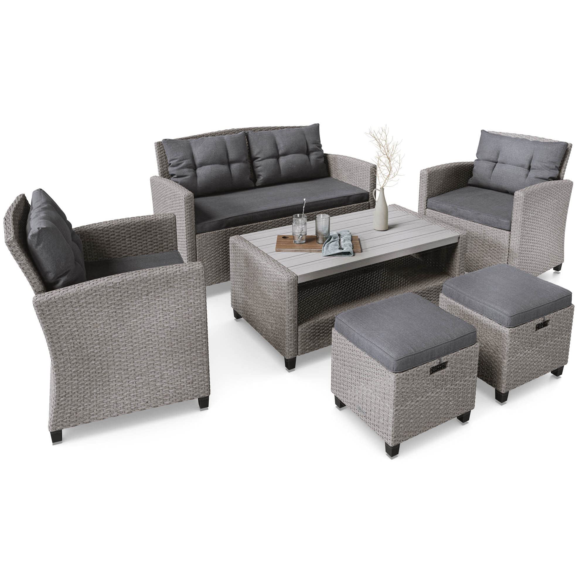 di volio Polyrattan Lounge Gartenmöbel-Set Firenze - Lounge Set mit Doppelsofa, 2 Sesseln, 2 Hockern & Tisch - Gartenmöbel-Set in Rattan-Optik, inkl. eine Fleecedecke