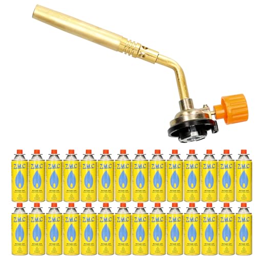Z.M.C Gasbrenner 1,65 kW + 28x Gaskartuschen 227g, Lötbrenner bis zu 1371 °C, Bunsenbrenner mit einstellbarer Flamme, Abflammgerät ideal für Camping