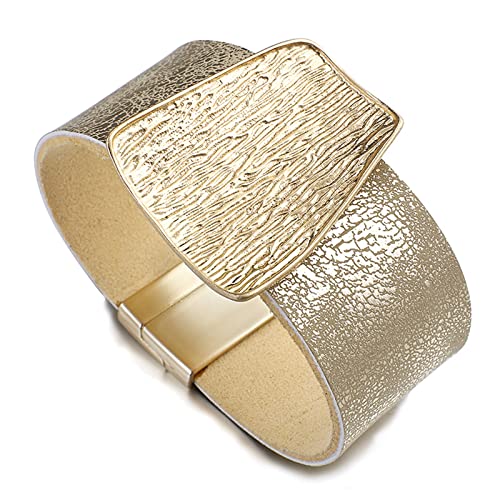 VSULZVNU Armband, Champagnerfarben, goldfarben, Metallanhänger, echtes Leder, Armband für Damen, breite Wickelarmbänder, Armreifen, Schmuck