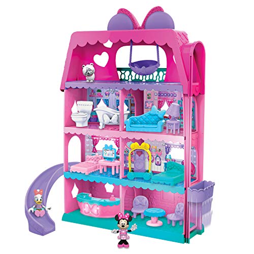 Disney 89821 Minnie's Mouse Bow-Tel Hotel, 2-seitiges Spielset mit Lichtern, Geräuschen und Aufzug, 20-teilig, inklusive Minnie Maus, Daisy Duck und Snowpuff-Figuren, merhfarbig