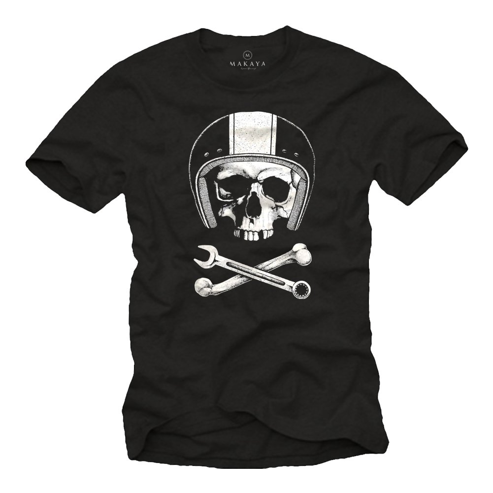 Motorrad T-Shirt für Männer Mechaniker Skull mit Motorradhelm schwarz Größe L