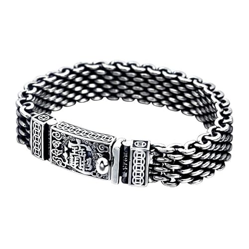 VOYADE Herren S925 Sterling Silber Geflochtenes Breites Kettenarmband, Vintage Thai Silber Lucky Fortune Breites Kettenarmband,Silber,22cm