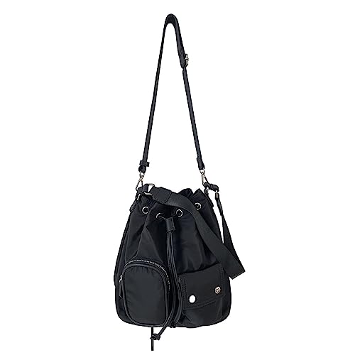 ohodhmnu Damen-Tragetasche, stilvolle Kordelzug-Eimer-Tasche für Frauen, modische Nylon-Schultertaschen, Tragegriff oben, Crossbody-Tasche, Schwarz , with ribbon