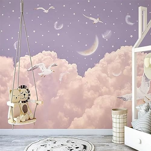 XLMING Handgemalte Rosa Wolke Feder Sternenhimmel Romantische Kinderzimmer 3D Tapete Home Dekoration Wohnzimmer Sofa Schlafzimmer Tv Hintergrund Wand-400cm×280cm