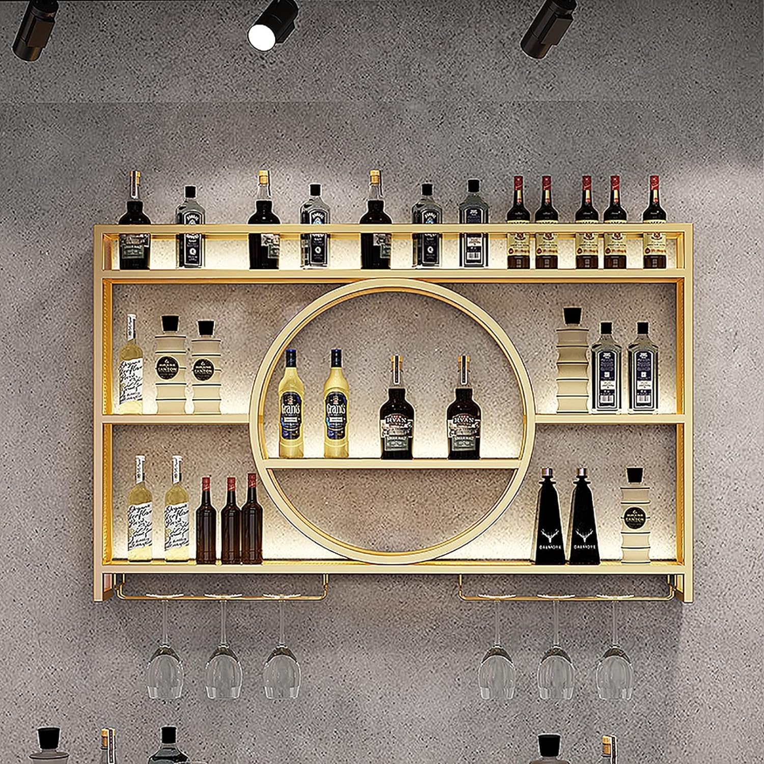 Modernes Wand-Weinregal aus Metall, schwebende Barregale, Wand-Weinregale, Glasregal, Eisen-Ausstellungsständer, Weinhalter mit Regalen, für Zuhause, Restaurant, Bars, Gold, 140 x 15 x 80 cm