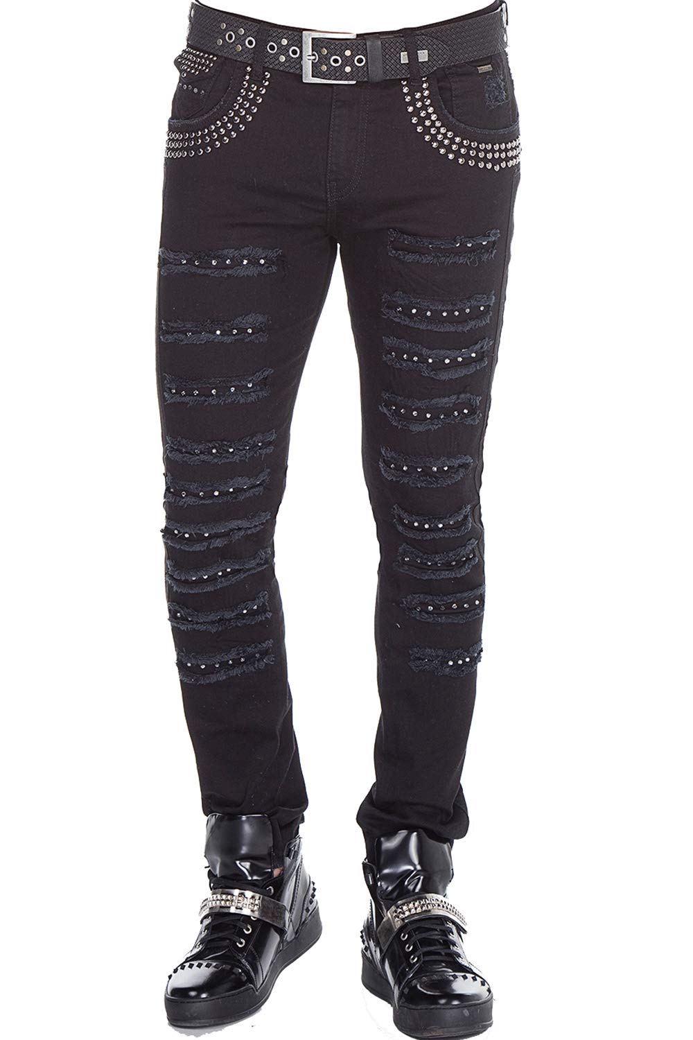 Cipo & Baxx Herren Jeans Hose Destroyed Ripped Frayed Slim Fit Design Denim Hose Nieten CD409 Schwarz W33 L32